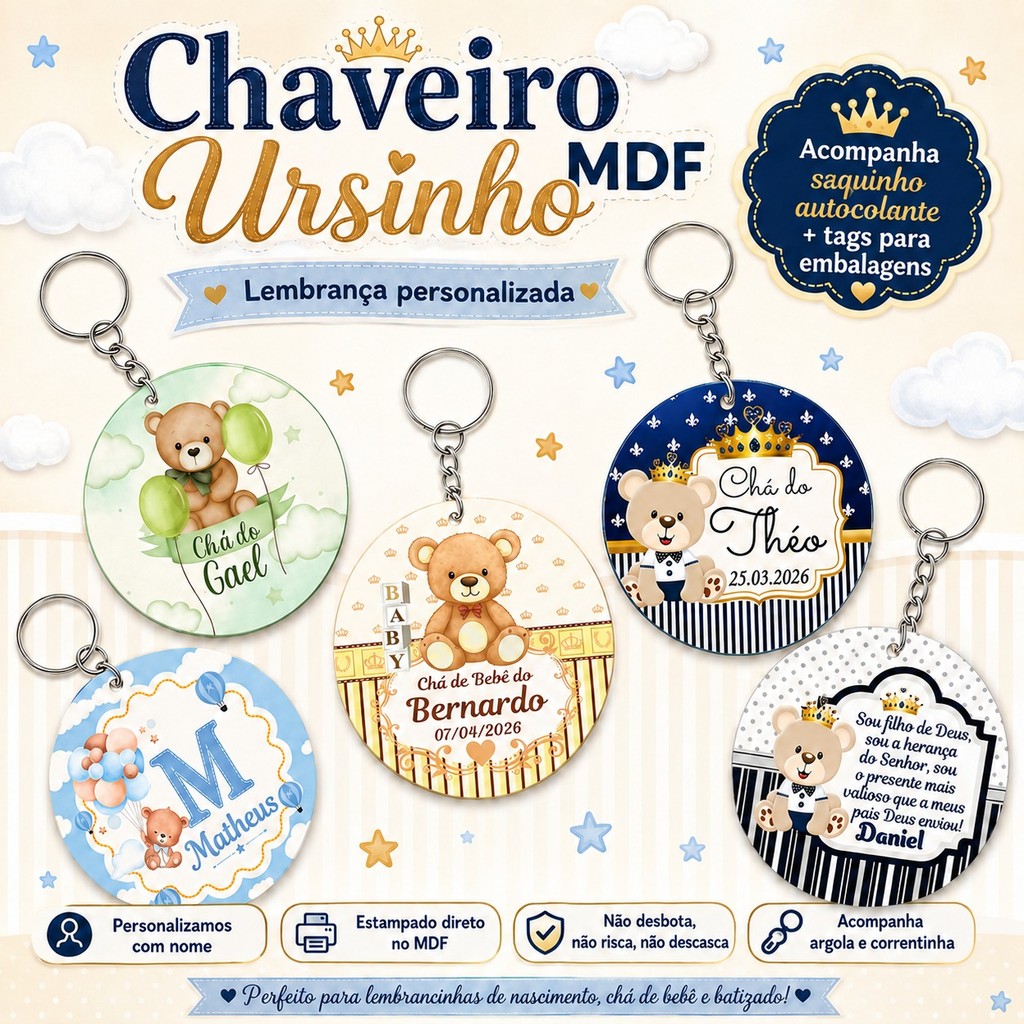 Lembrancinha convidados urso príncipe KIT Chaveiro MDF Aniversário, Maternidade chá Bebê Tema menino