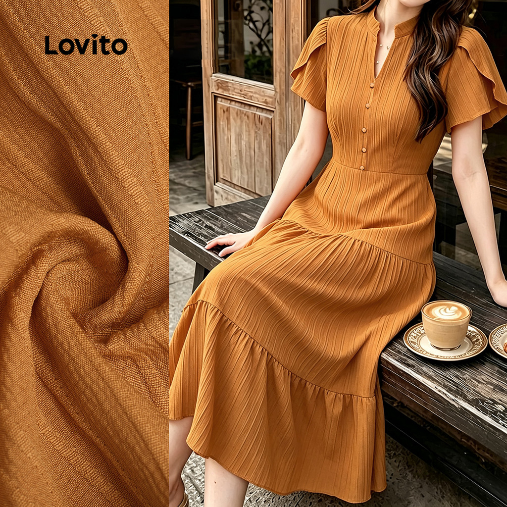 Lovito Vestido Casual de Verão Amarelo de Jacquard com Botões em Camadas para mulheres LK7LD196