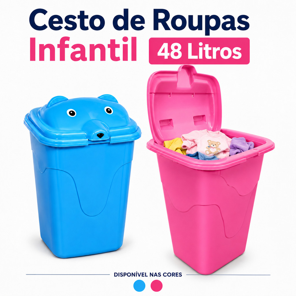Cesto Roupa Suja Infantil Ursinho 48L com Tampa Organizador Bebê Brinquedos Lavanderia Resistente