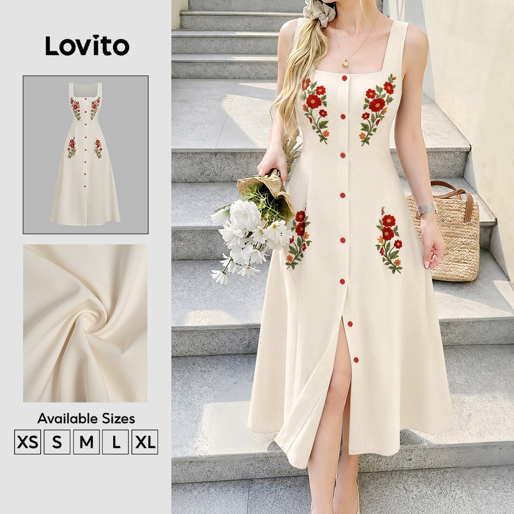 (New Arrival) Lovito Vestido Longo Linha A Floral Boho Com Botões Estilo Resort Primavera Verão Férias Para Mulheres DRB202P2D149