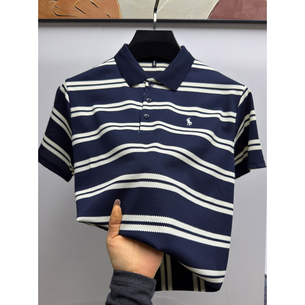 Grande marca plana bordado pônei de manga curta puro algodão POLO camisa masculina listrado lapela camiseta presente do 