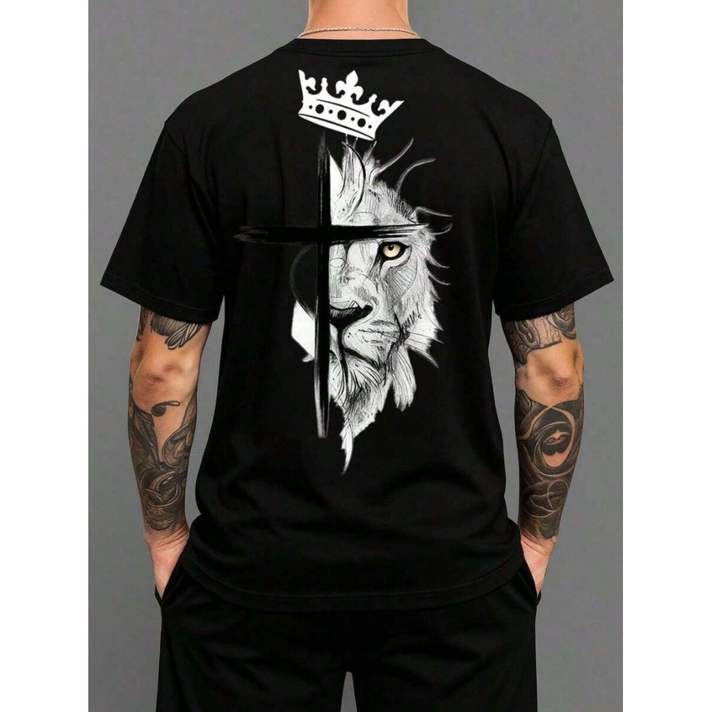 Camiseta Masculina Camiseta Gola Redonda Camisa Leão Cruz Coroa Cristã Blusa De Algodão Streetwear