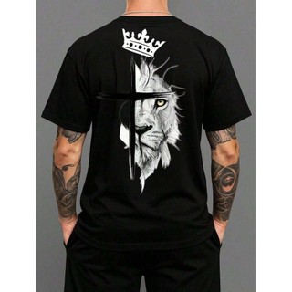 Camiseta Masculina Camiseta Gola Redonda Camisa Leão Cruz Coroa Cristã Blusa De Algodão Streetwear