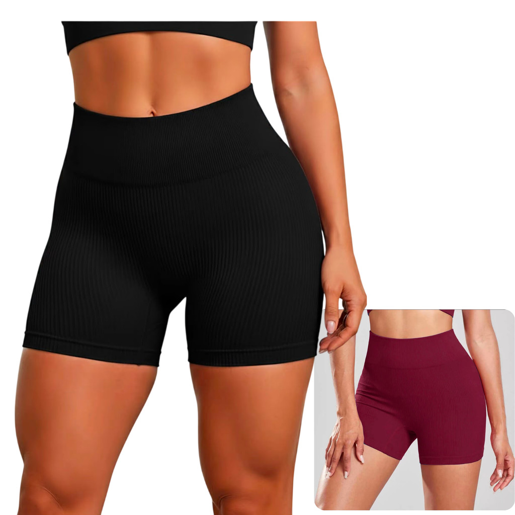 KIT 2 Shorts Fitness Canelado Academia Zero Transparencia Cintura Alta Feminino Sem Costura Academia Poliamida Premium