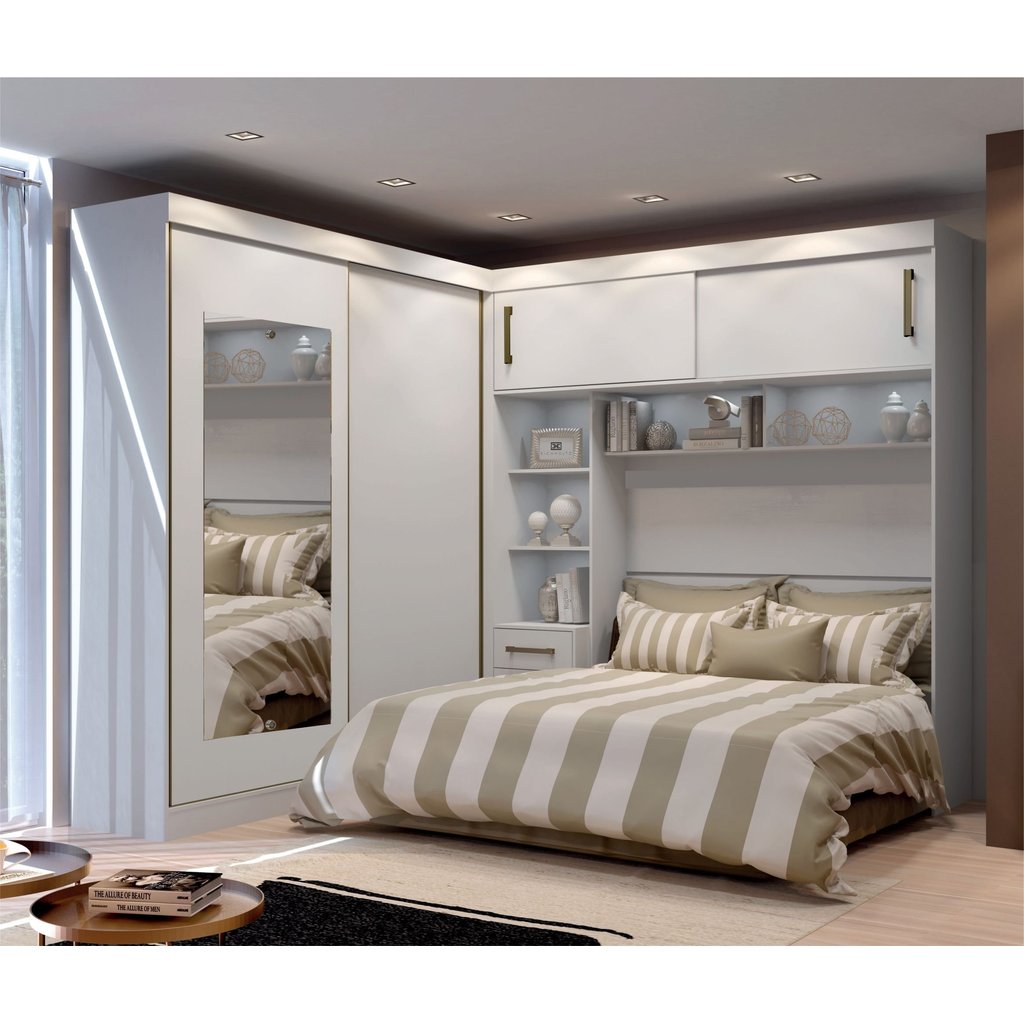 Guarda-Roupa Casal com Cabeceira Queen e Espelho 4 Portas de Correr 3 Gavetas Florença Espresso Móve Branco Branco