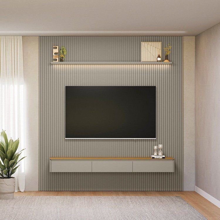 Painel Ripado para TV até 85 Polegadas com LED MDF 260CMX250CM Modular Tauari/Gris Fosco
