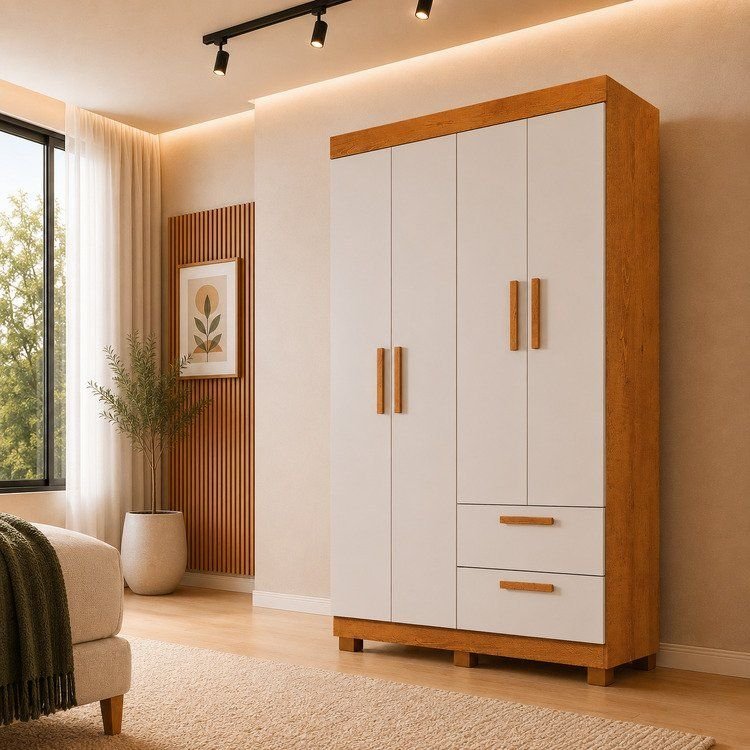 Guarda-Roupa 4 Portas 2 Gavetas 100% MDF Flórida Yescasa Branco/Cinamomo/Off White Cinamomo/Off White
