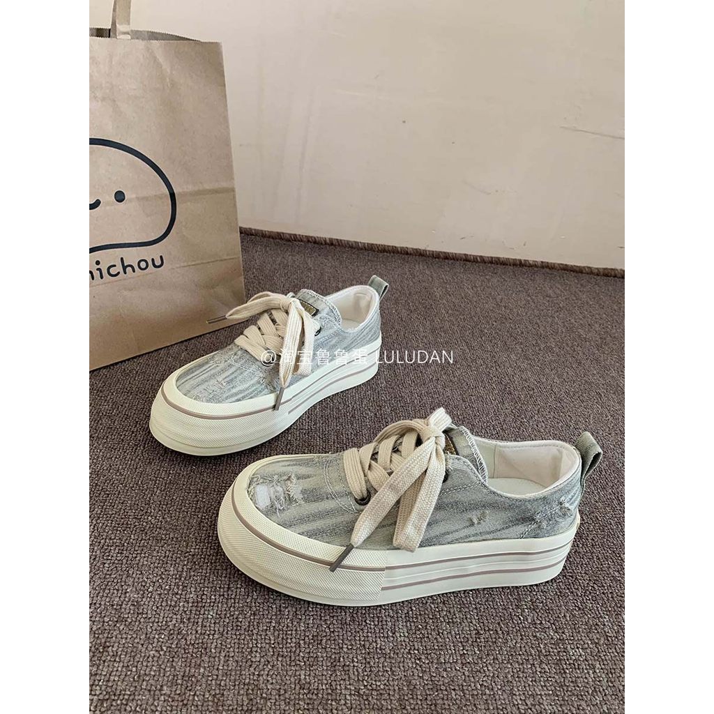 Ludan Pedal sapatos de lona feminino 2026 novo estilo verão sapatos femininos All-Match sapatos brancos de sola grossa n