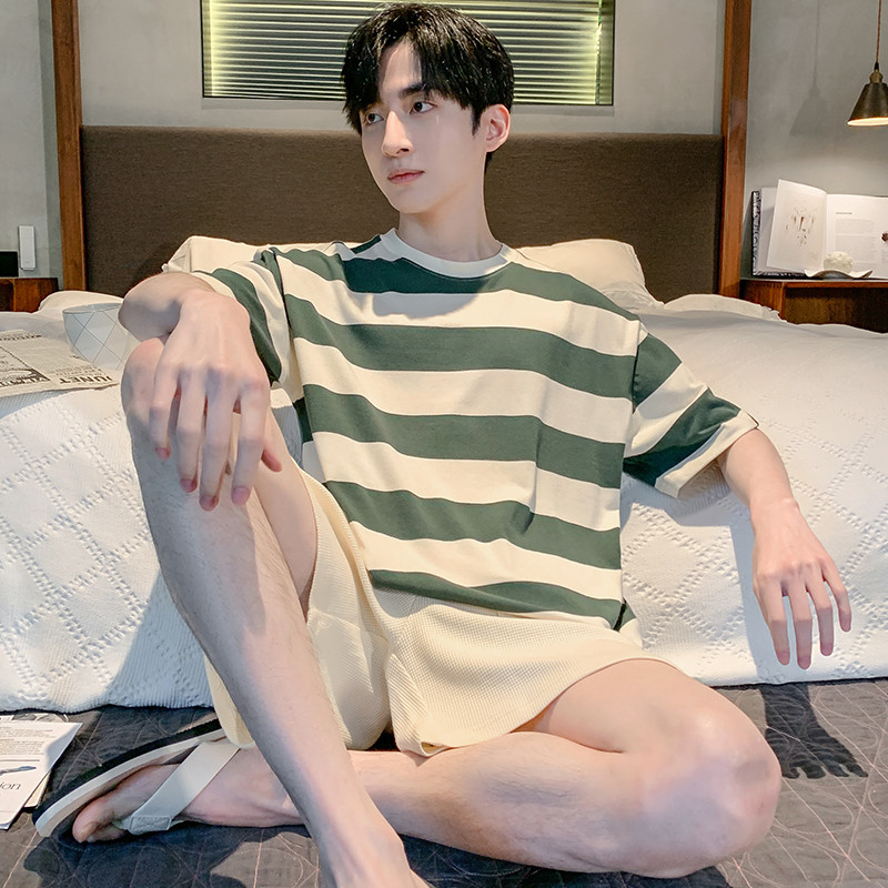 Pijamas masculinos verão Modal Shorts de manga curta estilo fino juventude solto pode usar fora listrado Homewear terno