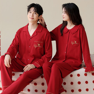 [Algodão puro] casal pijamas primavera outono novo estilo vermelho manga comprida Cardigan casamento Homewear Benming an
