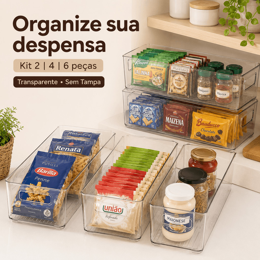 Kit Caixa Organizadora Transparente para Despensa e Cozinha | Organizador de Armário, Geladeira e Prateleira