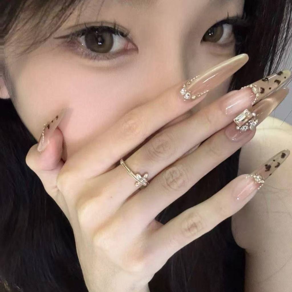 Longo leopardo impressão Manicure europeu americano quente menina remendo luxo strass corrente artesanal vestindo unhas 