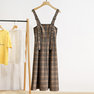 Tag 1699 [RE] Primavera novo estilo retirada gabinete feminino alça xadrez cintura estreita vestido longo 017