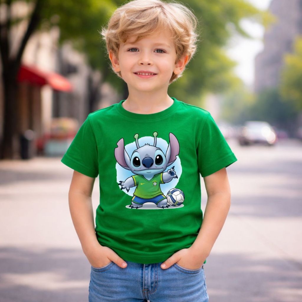 Camiseta Infantil Stitch Jogador Futebol Seleção Brasileira Copa do Mundo 2026 Unissex Manga Curta