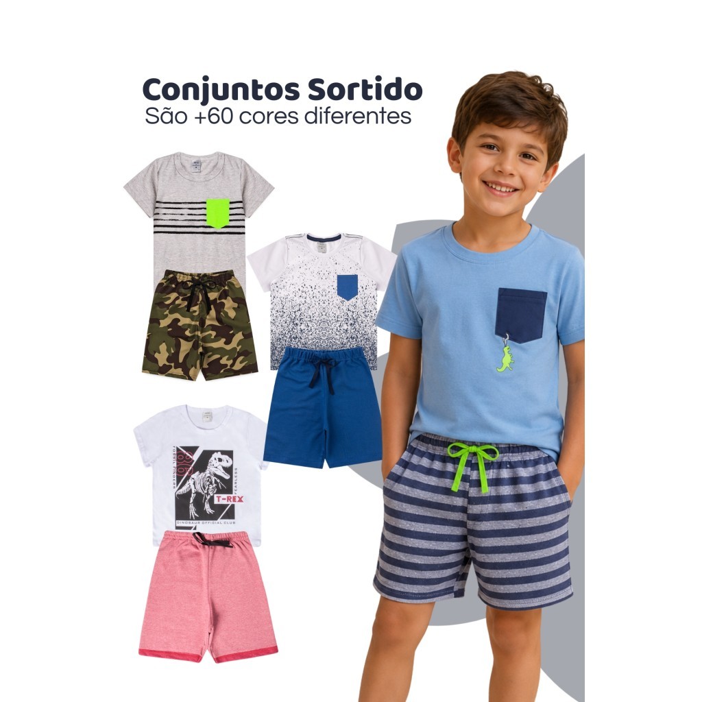 Kit Sortido Infantil Masculino com 6 Peças 3 conjuntos Verão Estampado Menino