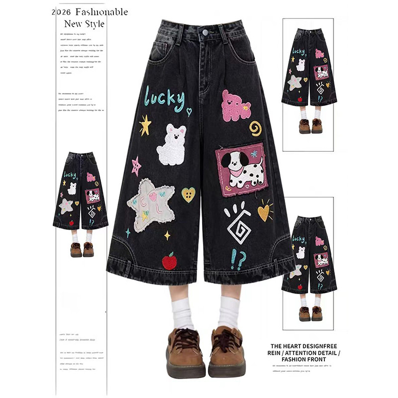 Americano Retro verão novo estilo solto diversão dos desenhos animados bordado impresso Denim calças cortadas feminino e