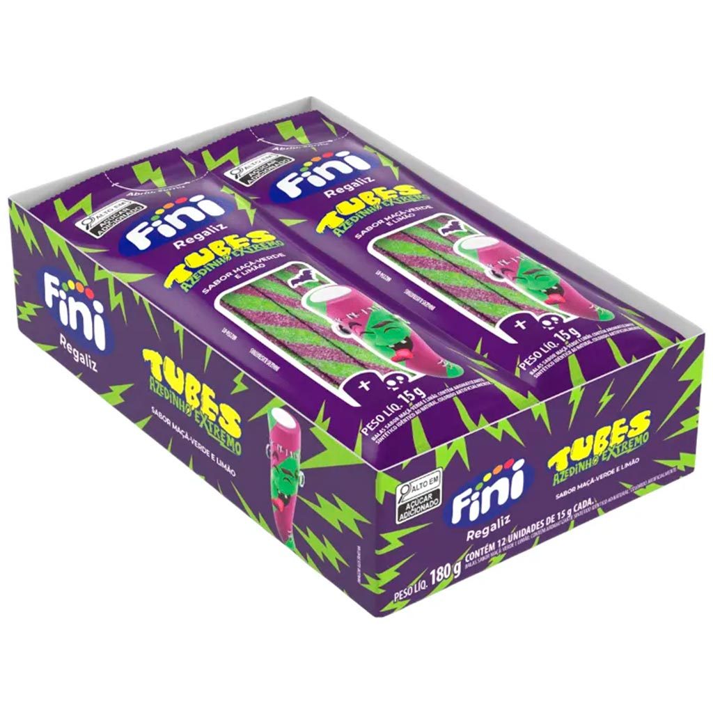 Mini Bala de Gelatina Tubes Azedinho Extremo Maçã Verde e Limão c/12 - Fini