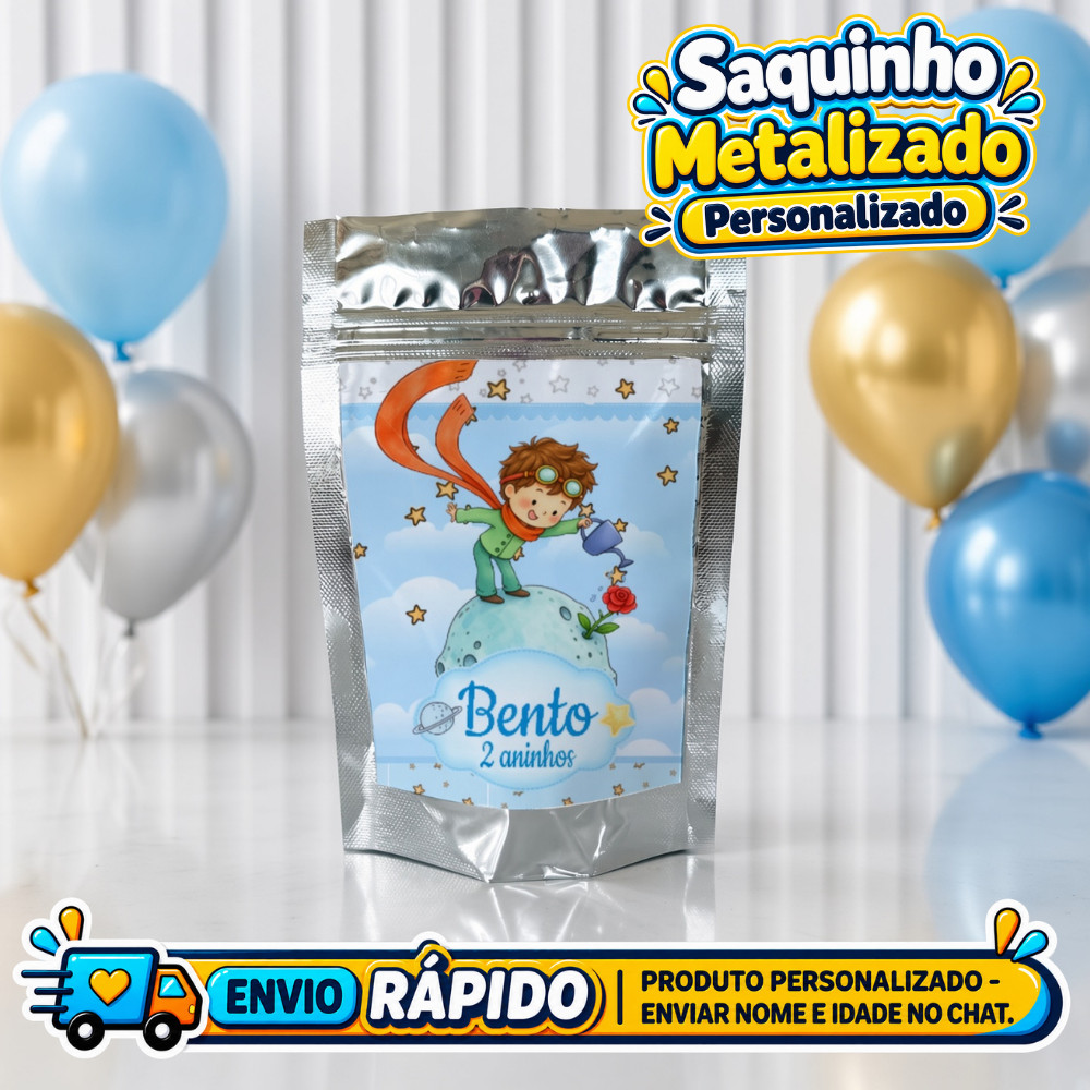 Saquinho Metalizado pequeno principe moreno Personalizado / Lembrancinha de Festa /Aniversário