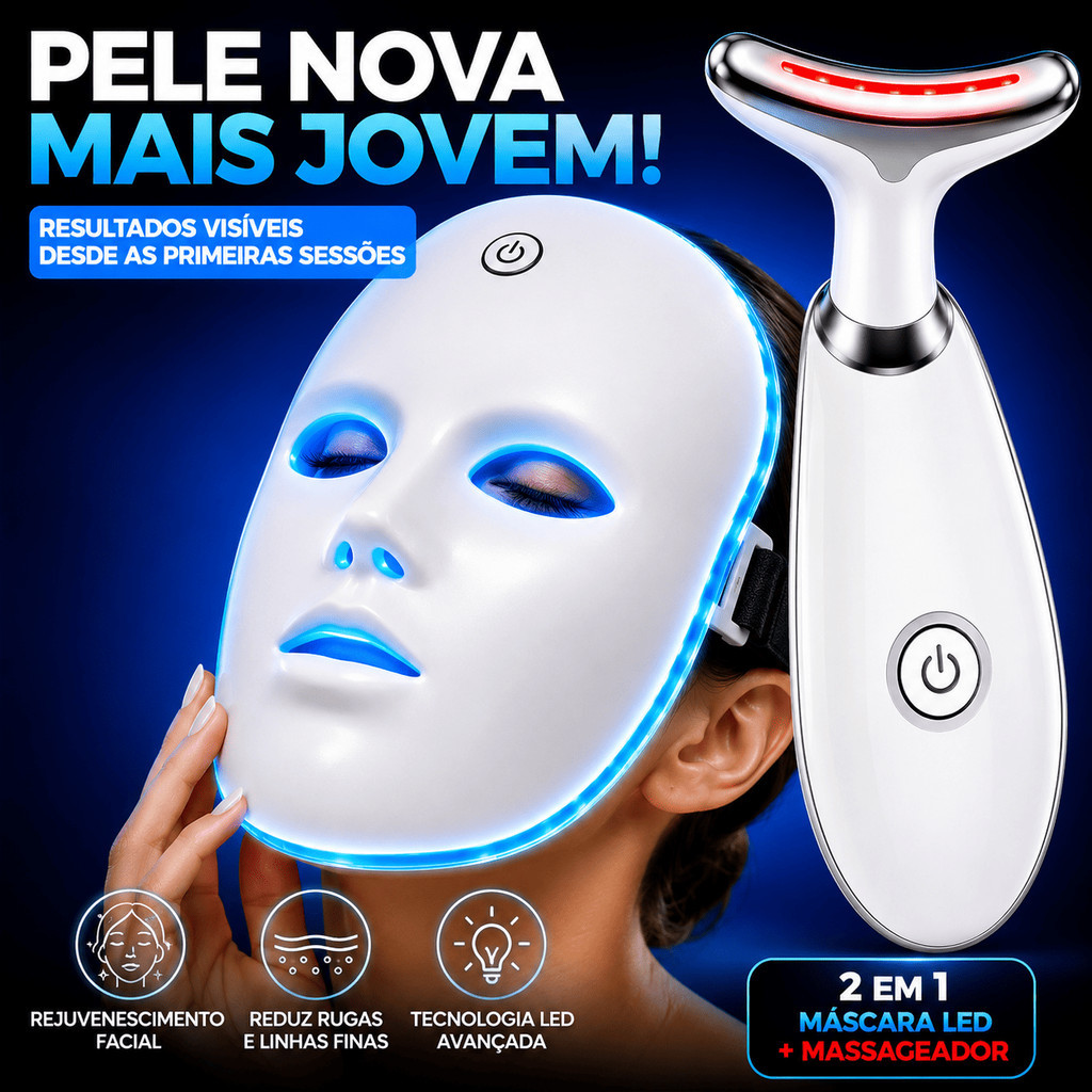 Máscara Facial + Massageador Elétrico Antirrugas Recarregável LED Terapia Tratamento Estético Skincare Bivolt USB
