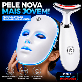 Máscara Facial + Massageador Elétrico Antirrugas Recarregável LED Terapia Tratamento Estético Skincare Bivolt USB