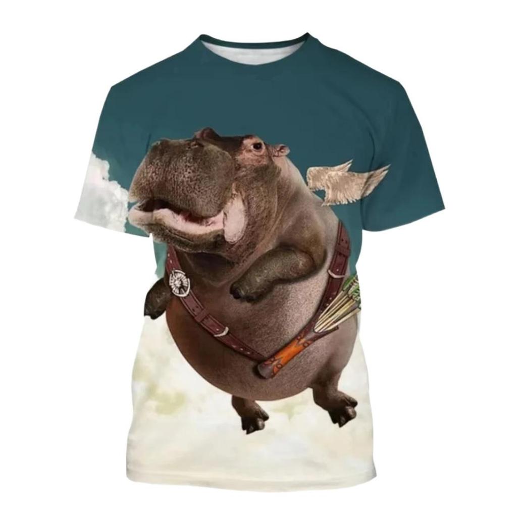 Camiseta Infantil de Manga Curta com Estampa Gráfica 3D de Hipopótamo Engraçado, Gola Redonda, Para Meninos e Meninas, P