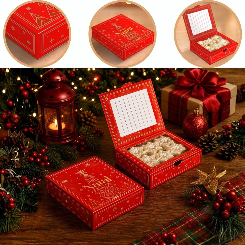 10 CAIXA P/ BISCOITOS DE NATAL CARTÃO COM VISOR BRILHOS 6404 ( NATAL IDEIA 2026 )