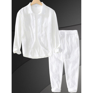 Terno Casual masculino de manga comprida camisa branca primavera verão camisa branca fresca jaqueta solta calças masculi