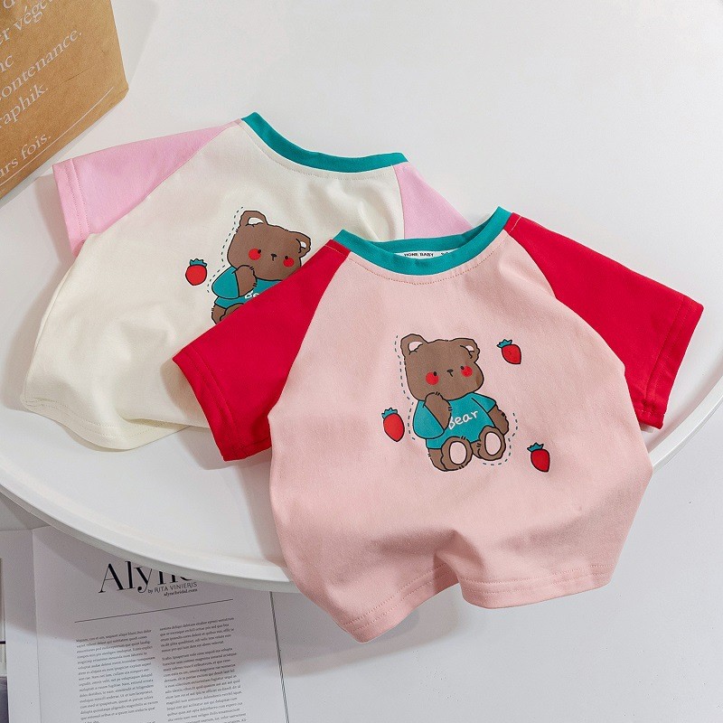 Meninas puro algodão verão contraste cor manga curta camiseta novo estilo médio pequeno crianças versão coreana dos dese