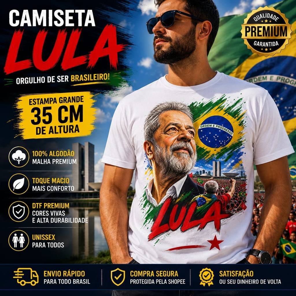 Camiseta LULA Brasil Masculina Feminina Unisex 100% Algodão Premium Estampa Grande DTF