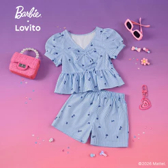 Barbie™ X Lovito Kids Conjunto Short Azul Menina Manga Curta Gola V Pernas Retas e Bordado LBL5AD035