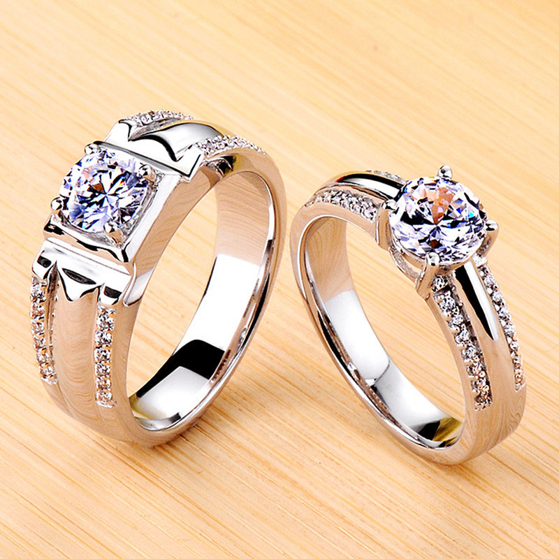 Versão coreana duas fileiras diamante Micro-incrustado casal anéis casal anéis de casamento diamante quatro garras anel 