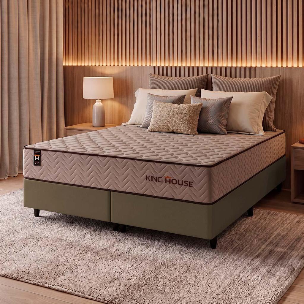 Conjunto Cama Box Espuma San Diego Bege King 193x203x67