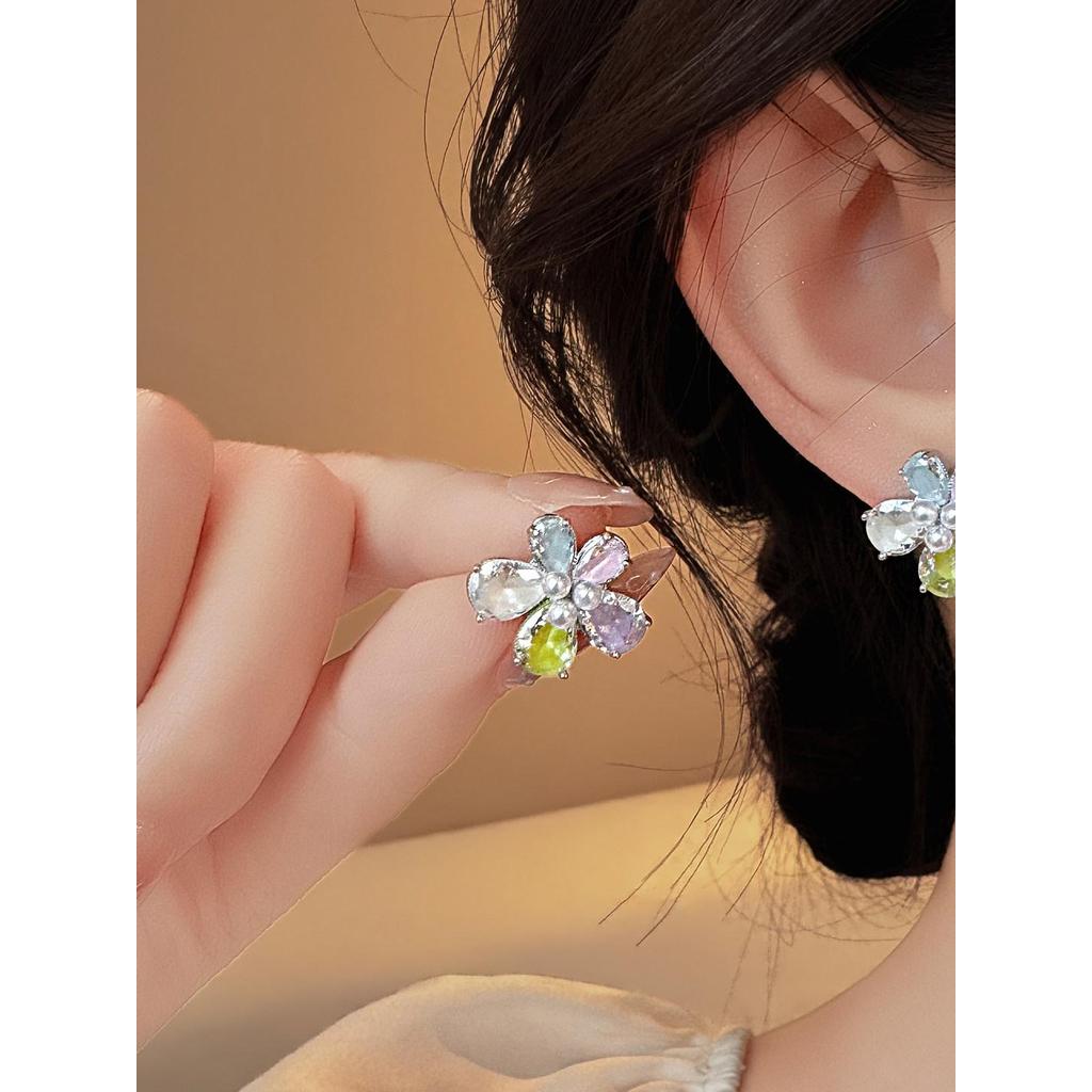 Colorido dopamina cheio de diamante flor brincos feminino temperamento brincos adequados para primavera brincos aparênci