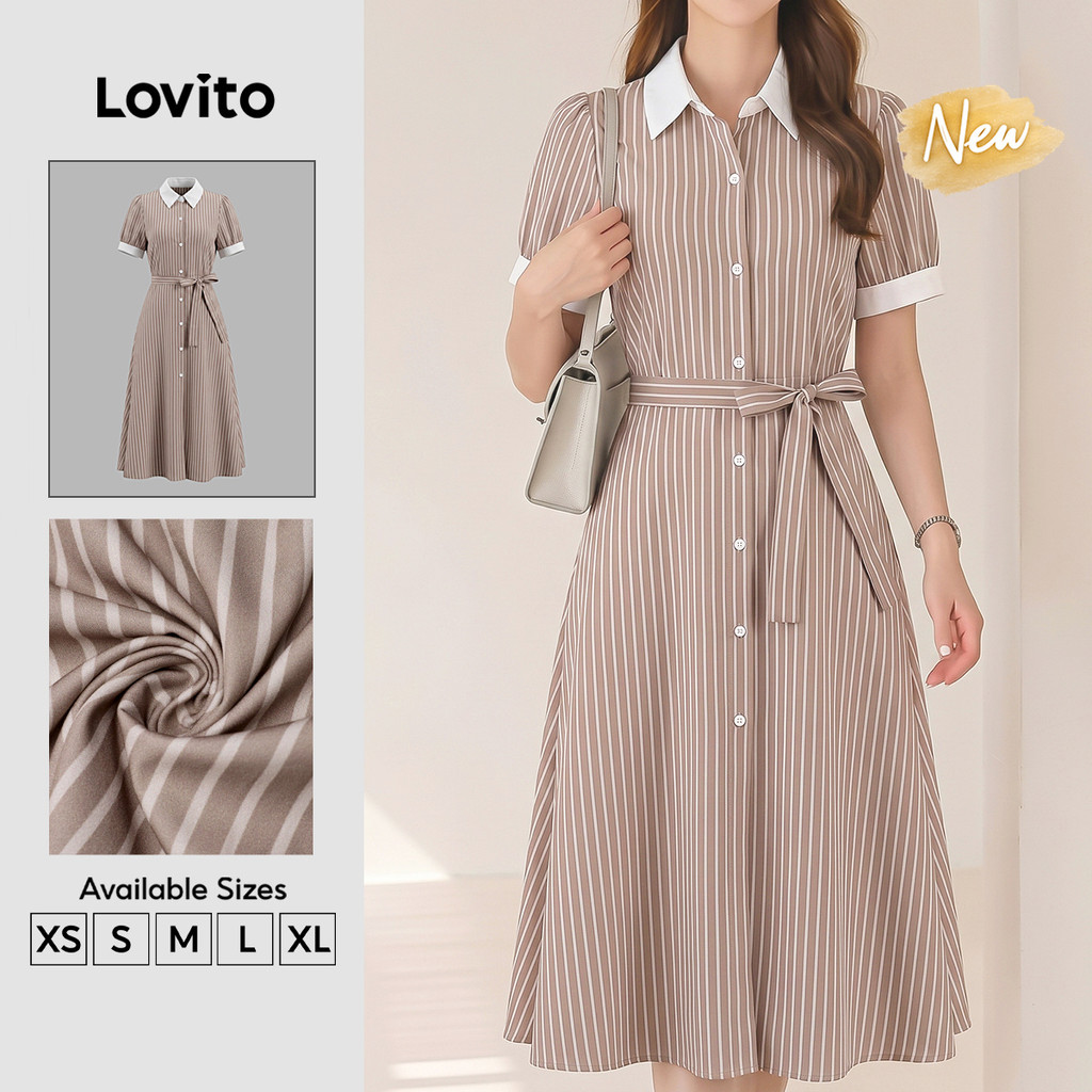 (New Arrival) Lovito Vestido Elegante com Frente de Botões e Renda Padrão para Mulheres primavera/verão DRK9P1D928
