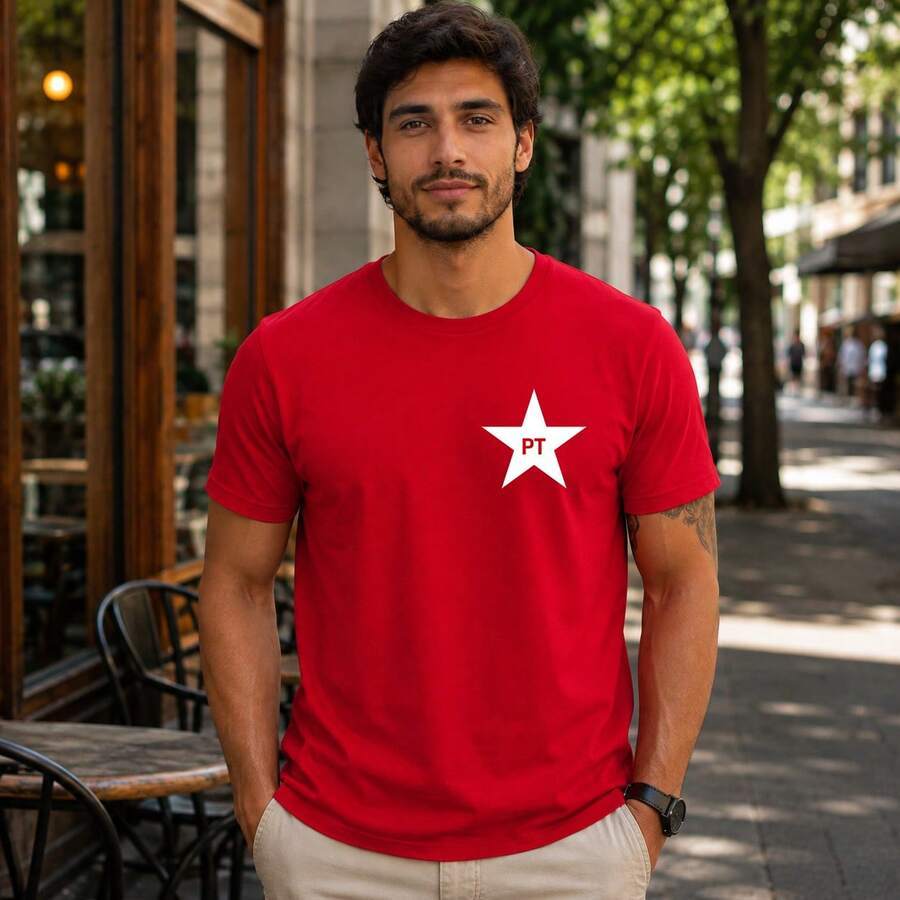 Camiseta Estrela no Peito Unissex 100% Algodão Fio 30.1 Manga Curta Gola Redonda Básica Confortável Para o dia a dia