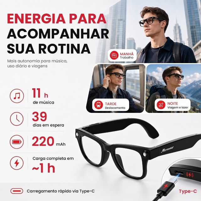 Óculos Inteligentes com IA Bluetooth Áudio Aberto Lanterna LED Carregamento Tipo‑C Bateria Longa Duração Compatível