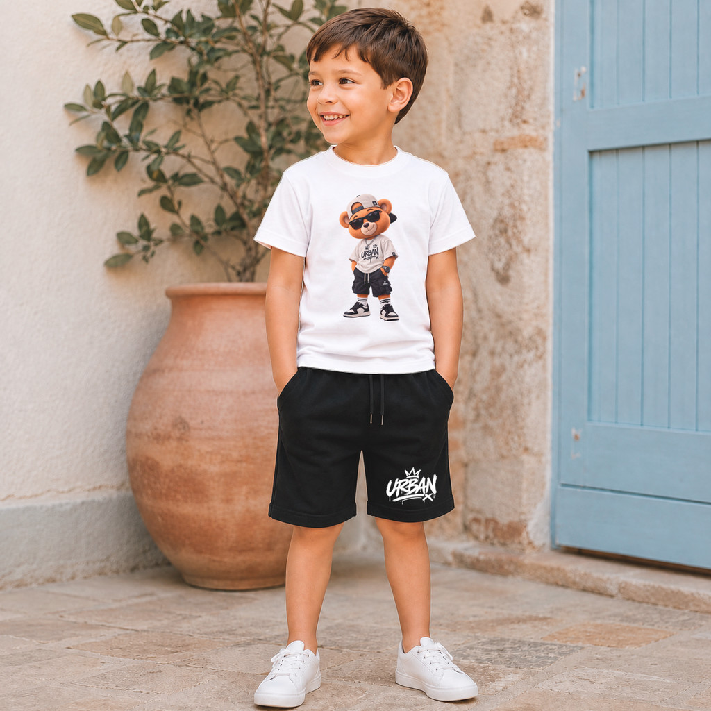 Conjunto Infantil Masculino Menino Camiseta + Bermuda Moletinho Ursinho Urban Street