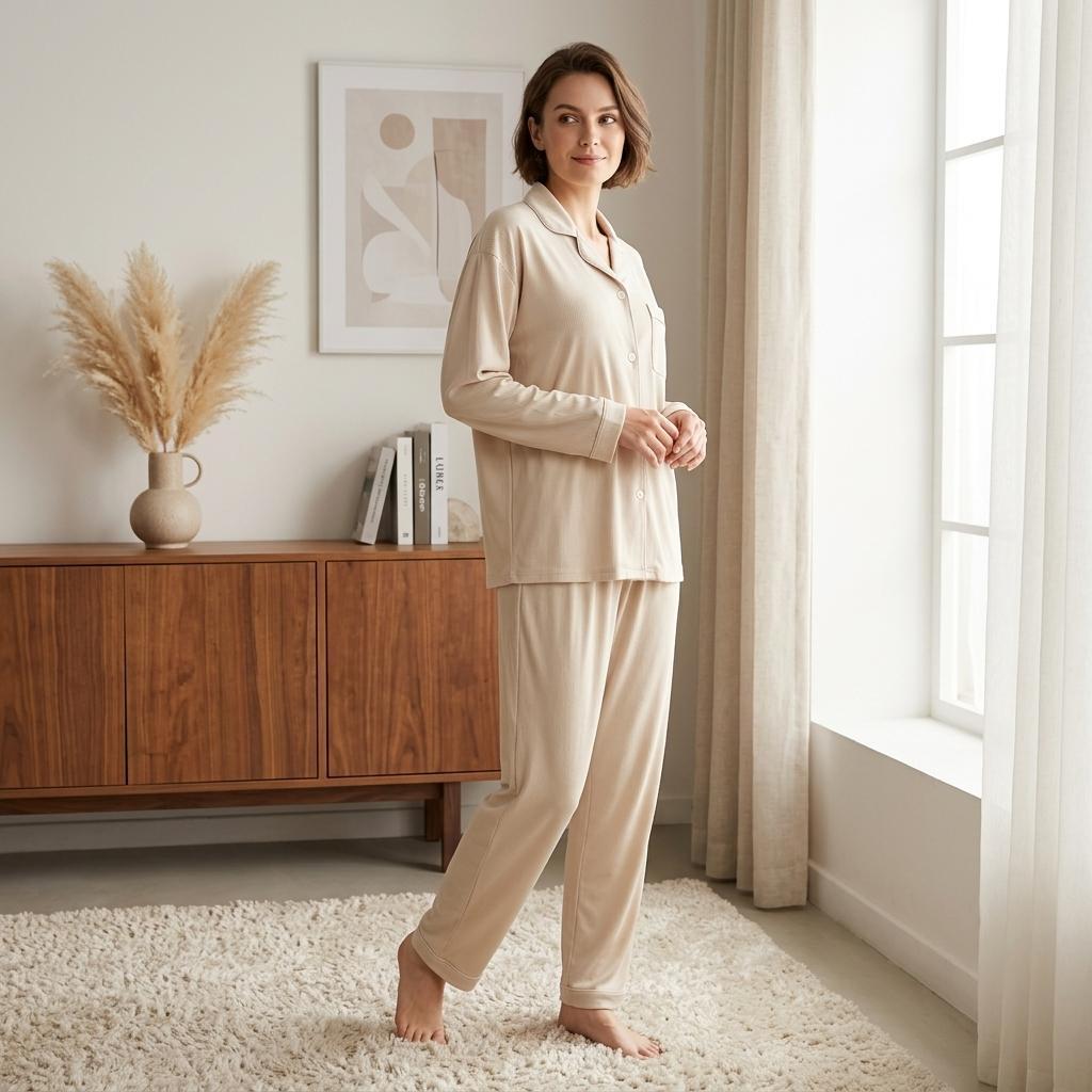 Z&D Pijama Feminino Manga Longa com Botões Camisa e Calça Canelado Liso Confortável SY62-1 · foto 2