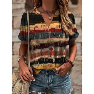 Verão novo estilo estilo étnico completo impresso com decote em V manga rolo moda Casual Plus Size camiseta feminina de 