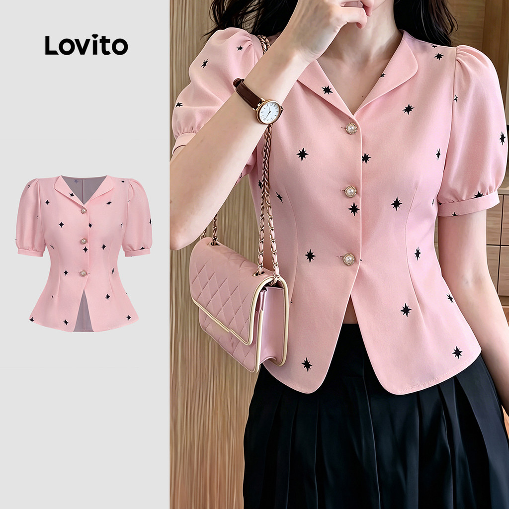 Lovito Blusa Elegante com Botões Estampa Padrão para Mulheres Primavera/verão Rosa claro L199ED129