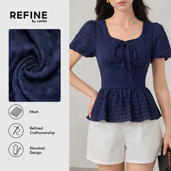 (Refine by Lovito) Casual Blusa de Renda com Laço de Primavera/verão Azul-marinho para Mulheres Bordado Trabalho LR18E050