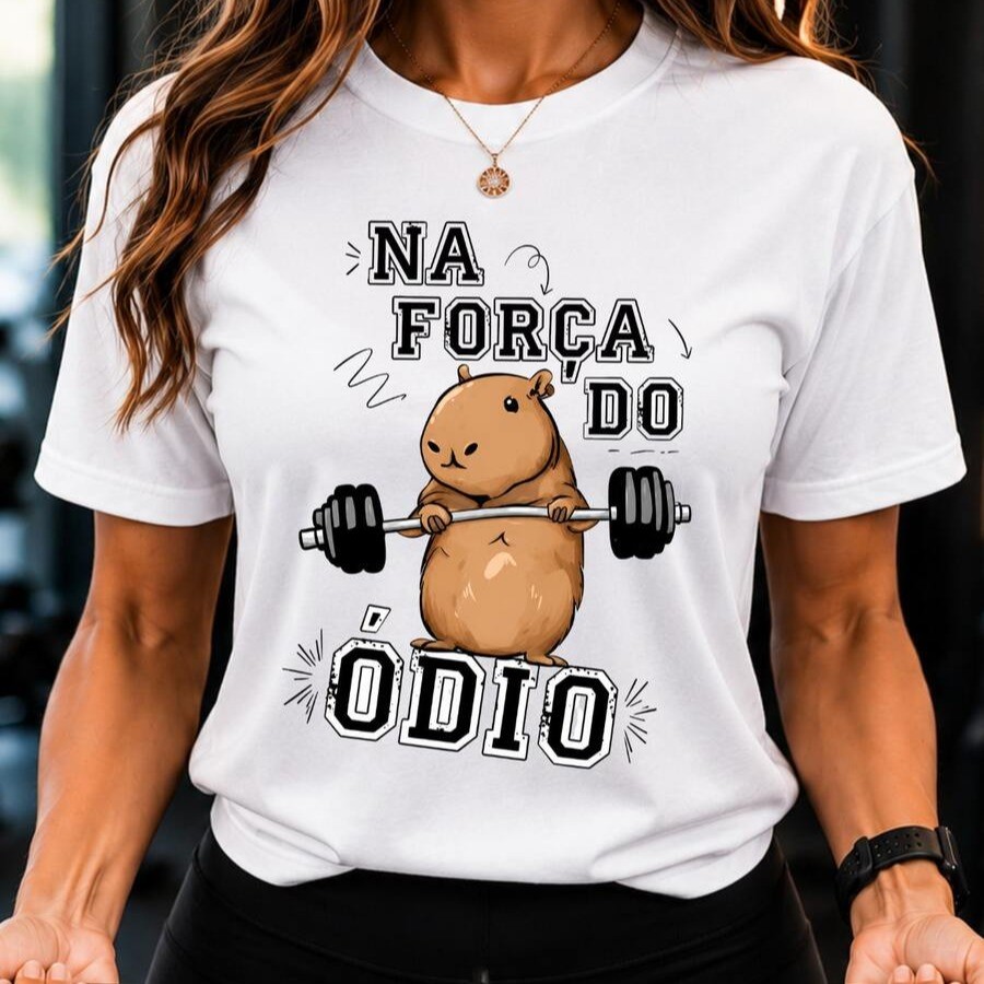 Camiseta Academia Feminina Capivara Fitness Na Força do Ódio Blusa Treino Musculação Camisa Engraçada Casual Streetwear