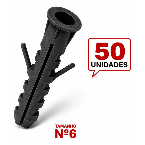 50 Unidades Bucha Plástica Com Anel 6mm Reforçada Econômica Alvenaria Cinza Fixação Para Parede