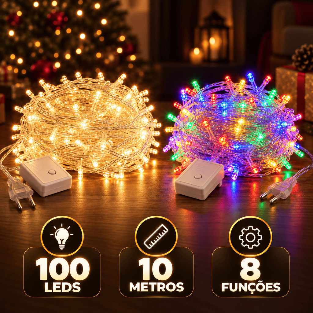 Pisca Pisca 100 LEDs 10 Metros 8 Funções Fio Transparente Branco Quente ou Colorido 110V ou 220V