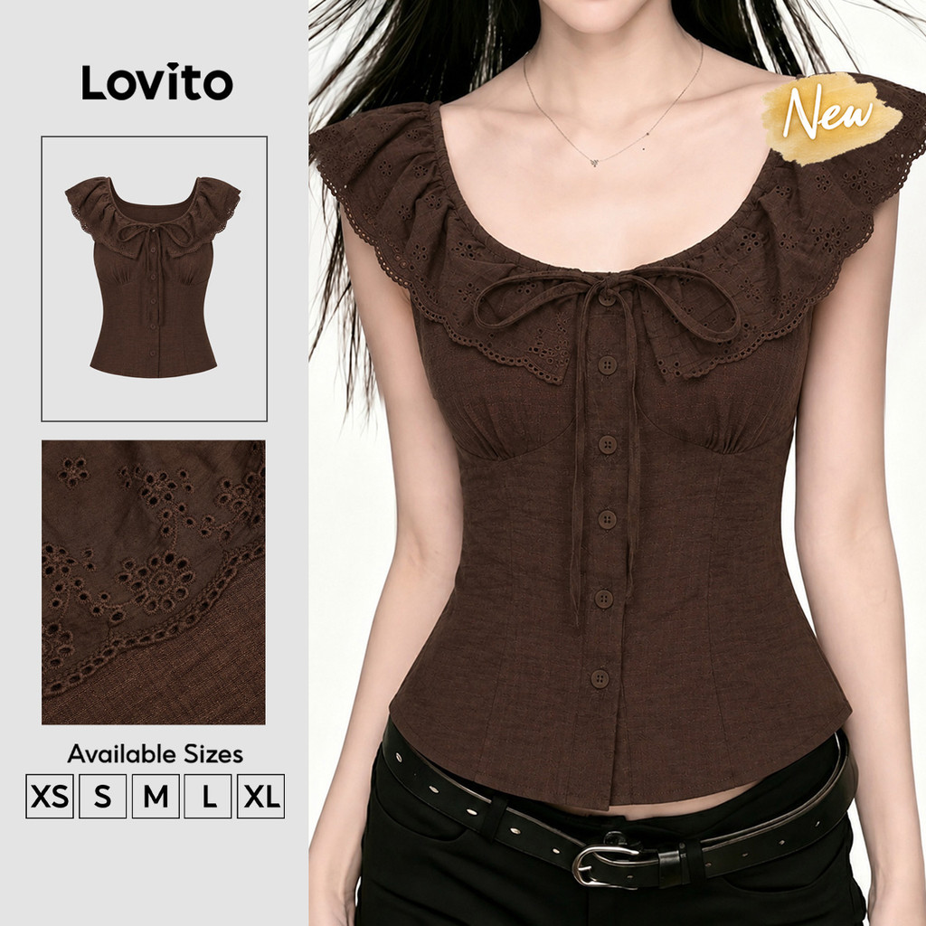(New Arrival) Lovito Casual Blusa Sem Mangas Gola U Marrom Babado Amarração Botão Primavera Verão Fim De Semana Para Mulheres BLB206TD173