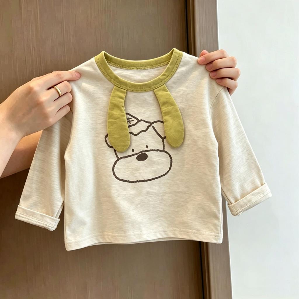 Bonito diversão tridimensional orelhas meninos crianças de manga comprida camiseta coreano dos desenhos animados impress