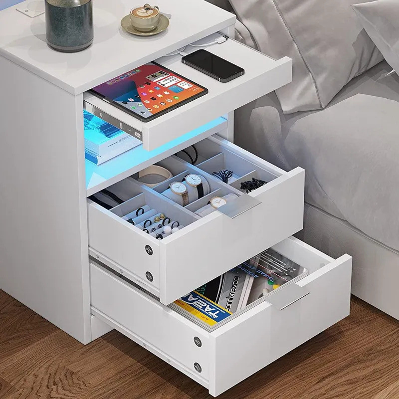 Mesa de Cabeceira 2 Gavetas Com Luz LED Carregamento Sem Fio Tomada Embutida Resistente Para Decoração Quarto Móvel