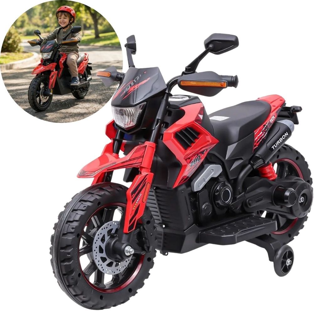 Mini Moto Elétrica Infantil 12V Vermelha Bateria Recarregável Luz Som Rodas De Apoio Carregador Bivolt Inmetro