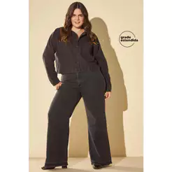 Calça Feminina Jeans Wide Leg Desfiada Marialícia Preto