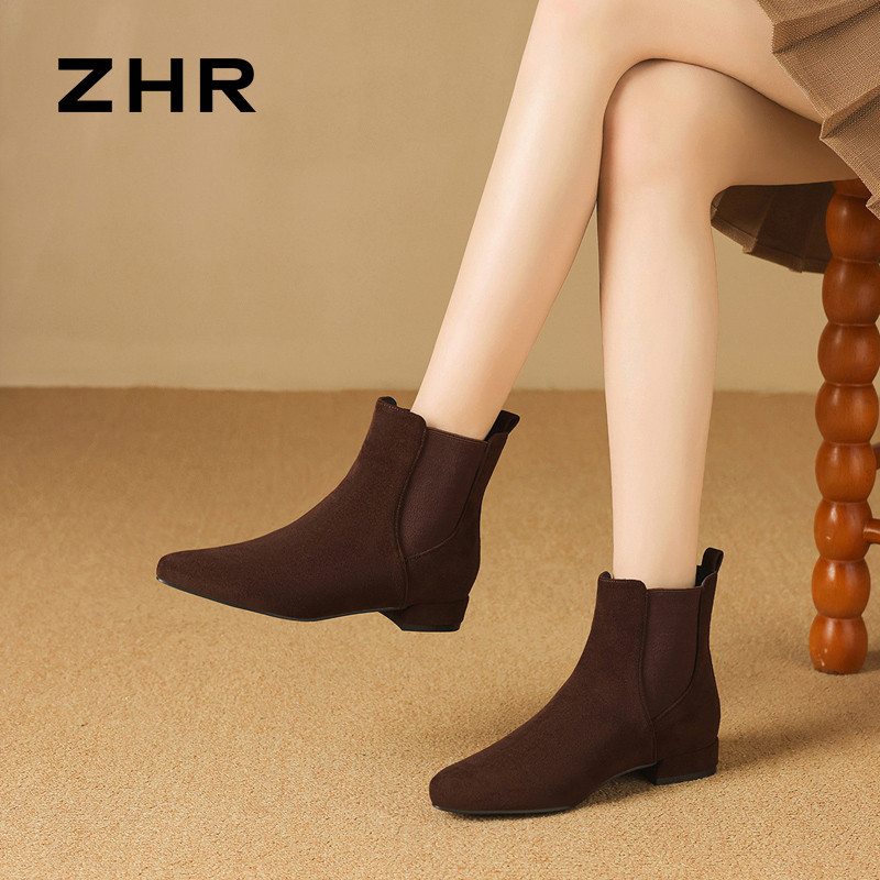 ZHR botas curtas de dedo apontado feminino 2026 inverno novo estilo Retro camurça botas ocidentais casuais All-Match nic